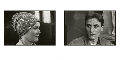 A black and white diptych of two portraits. On the left, a woman in profile wears a floral headscarf and looks to the right. On the right, a man with a serious, pensive expression looks off to the left.