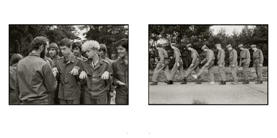 A black and white diptych from a book showing young men in military uniforms. The left image is a close-up of a bearded man addressing a group of recruits. The right image shows a line of recruits marching in a synchronized, stiff-legged walk on a paved road outdoors.