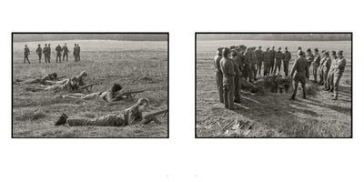 A black and white diptych of military recruits training in a field. On the left, several young recruits lie prone on the grass, aiming rifles. On the right, a group of recruits stands in a circle watching as an instructor demonstrates a technique in a shallow trench.