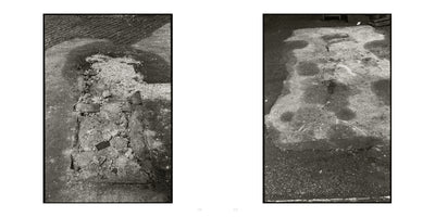 A black and white diptych of two vertical photographs showing close-ups of damaged pavement. The photo on the left shows a dug-up rectangular section of ground with exposed broken bricks and rubble. The photo on the right shows a rough, damp patch of concrete with indentations and an uneven texture.