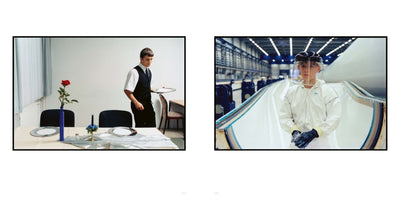 A diptych showing the same young man in two different work environments. On the left, he is dressed as a waiter, standing by a formally set dining table with a single red rose. On the right, he is in an industrial factory, wearing a white protective suit and face shield while working on a large white object.