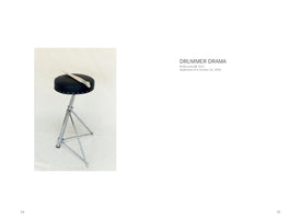 A two-page spread from a book. On the left, page 54 shows a photograph of a drummer's stool with a black, studded seat and chrome tripod legs against a white background; a single drumstick rests on the seat. On the right, page 55 has text for an exhibition titled DRUMMER DRAMA at Ruttkowski;68, Köln in 2020.