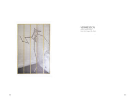 A two-page spread from a book. On the left, page 94 features a vertical abstract artwork. The piece shows a skeletal, stick-like figure in black on a gray, finely lined background. The artwork is divided by vertical yellow strips resembling rulers with measurement marks. The right page, 95, displays exhibition details: VERMESSEN, Galerie CRONE, Wien, June 10 to August 28, 2021.