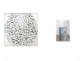 A book spread with two images of abstract art. The left page shows a close-up of a square artwork with a collection of small, black, geometric shapes arranged in a circular pattern on a white background. The right page shows an installation view of the same artwork hanging in a white gallery space.