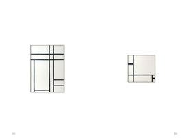 A catalog page on a white background displaying two mirrors with a geometric design. The mirror on the left is a large rectangle, and the one on the right is a smaller square. Both feature thick, studded black straps arranged in a grid pattern over the glass, reminiscent of a Piet Mondrian painting.