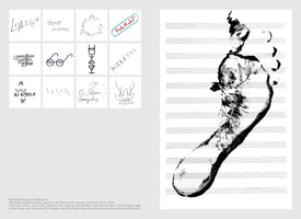 A diptych of contemporary artworks. On the left, a grid of twelve unique signatures and drawings by various artists on white squares. On the right, a large black ink footprint is pressed vertically onto a sheet of blank musical staff paper.