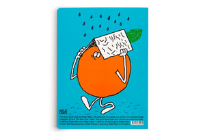 The back cover of a book by Stefan Marx, featuring a cartoon illustration on a bright blue background. A round, orange character with skinny arms and legs holds a piece of paper with a green leaf over its head to shelter from falling raindrops while standing in a puddle. Publishing information from Hatje Cantz is at the bottom.
