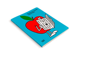 A book with a vibrant turquoise cover, titled Reading the News by Stefan Marx, is displayed at an angle on a white background. The cover features a simple, cartoonish illustration of a red apple with arms and legs, sitting down and reading a newspaper.