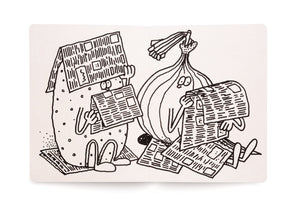 A black-and-white line drawing in an open notebook showing two cartoon characters reading newspapers. One is a tall, spotted character wearing a newspaper as a hat, and the other is an onion-like character sitting on a pile of newspapers, both looking intently at the papers they are holding.