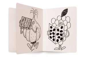 A black-and-white line drawing inside an open book. On the left page, an anthropomorphic garlic bulb reads a newspaper. On the right page, an anthropomorphic bunch of grapes reads a book with large black polka dots.