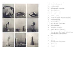 A book's table of contents next to a grid of nine black-and-white photographs. The photos show various communication devices from different eras, including a rotary phone, candlestick telephones, a tin can phone, and a megaphone. The table of contents lists chapter titles such as How Do You Measure a Life and includes multiple entries with the name Carrie Mae Weems.