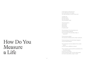 A two-page book spread with black serif text on a white background. The left page features the large title, How Do You Measure a Life. On the right page, a poem expands on this question, asking whether a life is measured by physical units, moments, miles walked, dreams, wisdom, wealth, or success and failure.