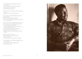 A two-page book spread. On the left is a poem titled How Do You Measure a Life. On the right is a sepia-toned photograph of a Black man in a plaid shirt, looking off to the side with a thoughtful, gentle expression and his hands clasped.