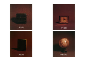A grid of four images against a white background, each with a moody, reddish-brown setting. The top left image shows a vintage typewriter with the word WHO below it. The top right shows a square analog clock with the word WHEN. The bottom left shows a closed black book with the word WHAT. The bottom right shows a desktop globe with the word WHERE.