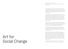 A page from a book with the large title Art for Social Change on the left. On the right, a column of text features an excerpt from a 2015 talk by Carrie Mae Weems at the National Museum of Women in the Arts. In the text, Weems discusses creating The Institute of Sound and Style, an organization providing paid arts training for teenagers in a poor Syracuse community as a response to violence and a way to create positive social change.