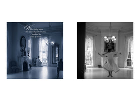 A diptych contrasting two scenes in an elegant, historical room. The left, blue-tinted panel shows a woman in a period dress sitting by a window, with text that reads, While sitting upon the ruins of your remains, I pondered the course of history. The right, black-and-white panel shows the same woman barefoot, her dress swirling as she dances in the middle of the room.