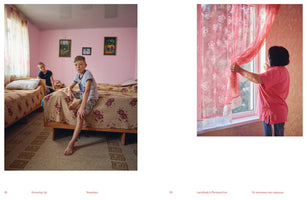 A two-panel photo spread. On the left, two young boys are in a bedroom with pink walls, one sitting on the edge of a bed looking at the camera. On the right, a woman in a pink t-shirt stands at a window, adjusting a sheer pink curtain with a floral pattern.