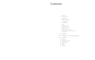A minimalist table of contents page from a book, with the title Contents in a serif font centered at the top. The list of sections, including Foreword, Introduction, Essays, and Photographs, is right-aligned on the page with ample white space on the left.