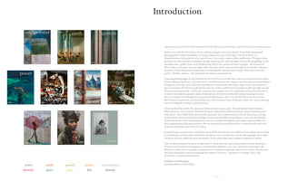 A page from a book with the heading Introduction for the Prix Pictet photography prize. On the left is a grid of eleven photographs, each labeled with a theme: water, earth, growth, power, consumption, disorder, space, hope, fire, and human. On the right is a column of text providing an introduction to the prize, written by the Executive Director.