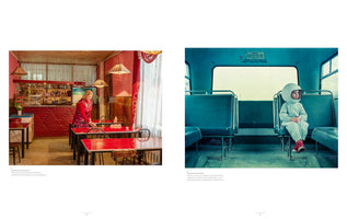 An open book spread displays two contrasting photographs. On the left, a woman in a red apron stands in a diner with red walls and tables. On the right, a small child in a full white astronaut suit and helmet sits alone on the teal seats of an empty bus.
