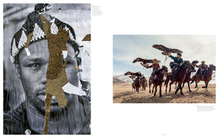 A two-page magazine spread. The left page shows a large, torn, black-and-white poster of a man's face, with a vertical tear revealing a gold layer beneath. The right page features a color photograph of a group of eagle hunters on horseback in a vast, arid landscape, each holding a large eagle.