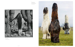 A two-page book spread featuring two photographs. On the left, a black-and-white image shows a person from behind with extremely long black hair, standing among large cacti. On the right, a color photo shows three figures from behind, entirely covered in long, shaggy animal fur of different colors, standing in a grassy field.