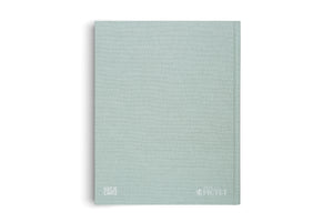 A product shot of the back cover of a hardcover book against a white background. The book has a textured, light sage-green cloth cover, with the white logos for Hatje Cantz and Prix Pictet in the bottom corners.