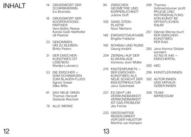 A two-page spread showing a table of contents in German, for pages 12 and 13. The heading INHALT is at the top left. The content is arranged in three columns, listing chapter titles, author names, and their corresponding page numbers in a black sans-serif font on a white background.