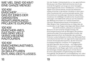 A two-page spread with German text about the Emscher river project. The left page uses large headlines to state that 100 kilometers of the Emscher represent one of Europe's largest renaturation projects, a network of bike tours, and an art trail with 24 sculptures. The right page contains a detailed article about the river's industrial history and its transformation into a near-natural landscape, mentioning the accompanying art exhibitions. The page numbers 18 and 19 are at the bottom.
