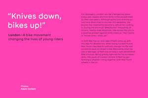 A graphic with a hot pink background titled Knives down, bikes up! in large white text. Below it, black text reads, London—A bike movement changing the lives of young riders. To the right, paragraphs of text describe the BikeStormz movement, a protest against knife violence where young cyclists ride across the city.