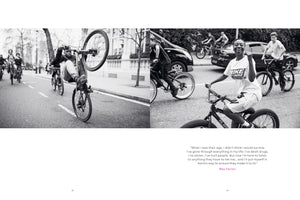 A black and white two-page magazine spread featuring young cyclists. On the left, a person performs a high wheelie in the middle of a city street. On the right, a smiling young person on a BMX bike makes a hand gesture towards the camera, surrounded by other riders. Below the images is a quote from Mac Ferrari about mentorship and helping youth.