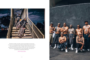 A two-page magazine spread. The left page has a photo of three people walking lowrider bikes down the stairs of an overpass at night, with a quote below. The right page is a full-bleed photo of a group of nine heavily tattooed, shirtless men in Chicano-style clothing posing against a dark gray wall.