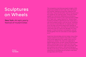 A page with a vibrant magenta background featuring text about a bike festival. On the left, the title reads Sculptures on Wheels in large white letters, above the subtitle, New York—An epic yearly festival of mutant bikes. On the right, two columns of white text describe the Bike Kill event, a tournament with custom-built bikes. The photographer Tod Seelie is credited in the bottom left.