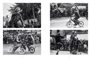 A four-panel, black and white photo layout showing a punk-themed bicycle competition. In the images, participants with mohawks, leather jackets, and makeshift armor ride custom-built bikes in front of a large crowd. The scenes depict riders jousting, one man hyping up the spectators, and a triumphant competitor being carried on someone's shoulders after a match.