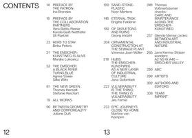 A minimalist table of contents for a book, spread across pages 12 and 13. The heading CONTENTS is at the top left. The layout consists of three columns listing chapter titles in all caps, along with their page numbers and authors. Titles include THE EMSCHER: A BLACK RIVER TURNS BLUE, VULNERABILITY IS THE THING, and BETWEEN ART AND INDUSTRIAL NATURE. The text is a clean, black sans-serif font on a white background.