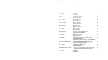 A minimalist table of contents for a publication with black text on a white background. The content is organized in three columns listing the authors, the chapter titles in both German and English, and the corresponding page numbers. Authors include Jan St. Werner, Çağla Ilk, and Louis Chude-Sokei, with titles such as Vom Schatten der Ideen / The Shadow of Ideas and Architektur hören / Hearing Architecture.
