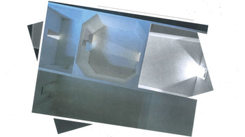 An abstract collage of overlapping photographs showing various perspectives of a minimalist architectural model. The deconstructed views reveal stark, geometric rooms in muted tones of grey, white, and pale blue, including a central octagonal space seen from above. Strong light and shadow accentuate the angular forms.