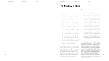A minimalist two-page spread from a book, showing pages 14 and 15. The title at the top reads The Shadow of Ideas by Çağla İlk. The body text is an essay laid out in two parallel columns, with German on the left page and English on the right page, set against a stark white background.