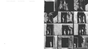 A two-page spread from a publication. The left page is mostly blank with small text at the top and the page number 134. The right page shows a grid of twelve abstract, black-and-white images with a rough, metallic texture. The images are distorted and depict ghostly, indistinct human figures standing in dark doorways and architectural spaces.