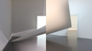 A diptych photograph of a minimalist art installation in a gallery with white walls and a grey floor. The left panel shows a large, white, rectangular plane wedged diagonally into a corner. The right panel shows a different view of the same plane, appearing suspended and warmly lit, with an open doorway to another room visible in the background.