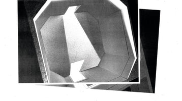 A grainy, black and white abstract photograph showing a tilted view into a geometric, octagonal space, possibly an architectural model. A bright, angular shaft of light cuts through the darkness, illuminating the textured walls and creating deep shadows. The image is presented as a collage with overlapping fragments.