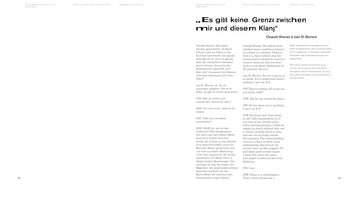 A two-page book spread, pages 182 and 183, featuring an interview with Oswald Wiener and Jan St. Werner. A large German title at the top reads Es gibt keine Grenze zwischen mir und diesem Klang. The text is laid out in a two-column format, with the German dialogue on the left page and the English translation on the right.