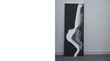 A black and white photograph from a book showing a tall, vertical screen propped against a gallery wall. The screen displays a distorted, fluid white shape on a black background, creating a glitch-art effect. A white power cord lies on the dark floor below. The opposite page is mostly blank with the number 224.