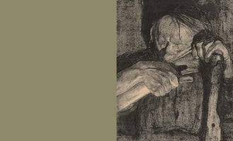 A textured, black and white charcoal drawing of an older woman with a focused, intense expression. She is hunched over, using her weathered hands to sharpen a large scythe blade with a whetstone. The drawing is on the right side of the image, next to a solid olive-green background on the left.