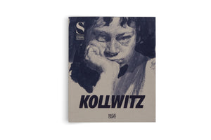 The front cover of the art book Kollwitz from the Städel Museum, set against a white background. The cover, on a grey-brown paper stock, features a stark black and white ink sketch of a person with a somber expression, resting their cheek on their hand. The title KOLLWITZ is printed in large, bold black letters below the artwork.