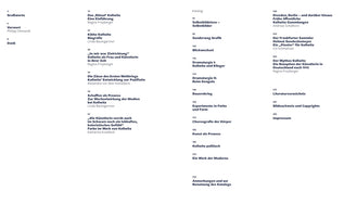 A table of contents from a German-language book about the artist Käthe Kollwitz. The text is arranged in three columns on a white background, with bold chapter titles and page numbers. The contents include an introduction, biography, a catalog section covering themes like self-portraits and the Peasants' War, and an exploration of the artist's legacy. The list concludes with a bibliography and imprint.