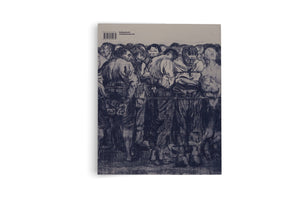 The back cover of a gray paperback book standing on a white surface. The cover is dominated by a dark, expressive ink drawing of a dense crowd of people with anguished faces, packed tightly behind a barbed wire barrier. In the top left corner, there is an ISBN, a barcode, and publisher information.