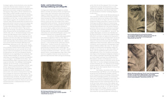 A two-page spread from a German art book, pages 46 and 47, about drawing and printmaking techniques. The text is in columns, accompanied by five black and white images showing close-up details of artworks. These images highlight the textures of charcoal and etching on paper, focusing on parts of human faces and figures to illustrate the methods described.