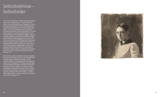 A two-page spread from a book. The left page contains German text with the heading Selbstbildnisse - Selbstbilder on a grey background. The right page displays a monochrome, wash-style self-portrait of a young woman with short dark hair, looking directly forward with a somber expression against a dark background.