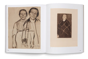 An open art book displays two portraits by Käthe Kollwitz against a white background. On the left page is a charcoal sketch of two women with somber expressions. The right page shows a dark aquatint print of a single woman wrapped in a diamond-patterned blanket.